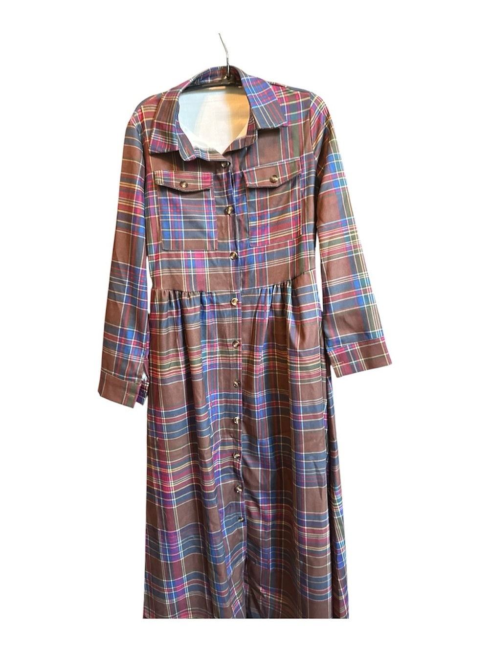 Boutique Plaid Dress Duster Sz Medium Pleated Back Button Front Long Sleeve Maxi